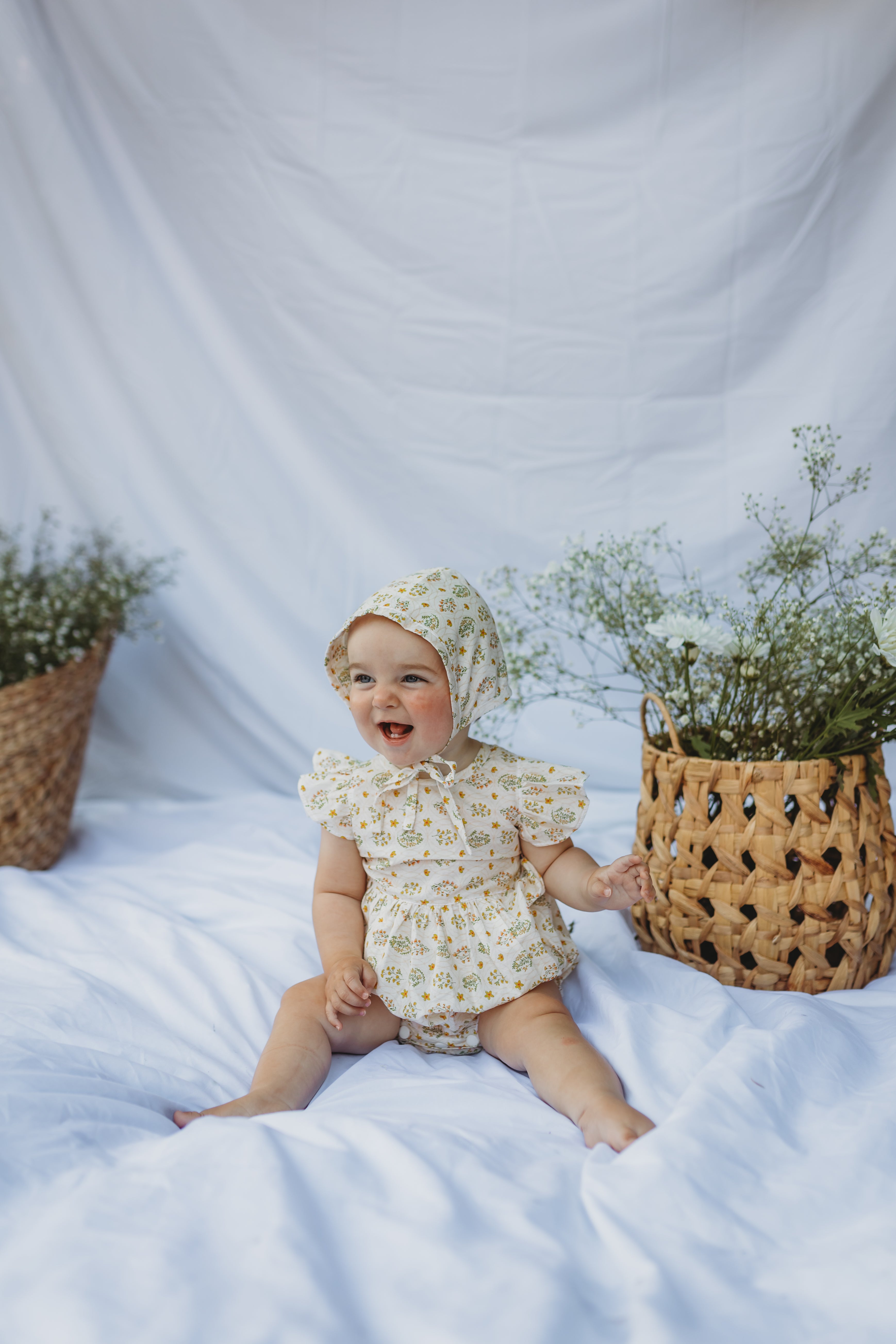 Josie Tie Back Romper & Bonnet -Sunny Blossom