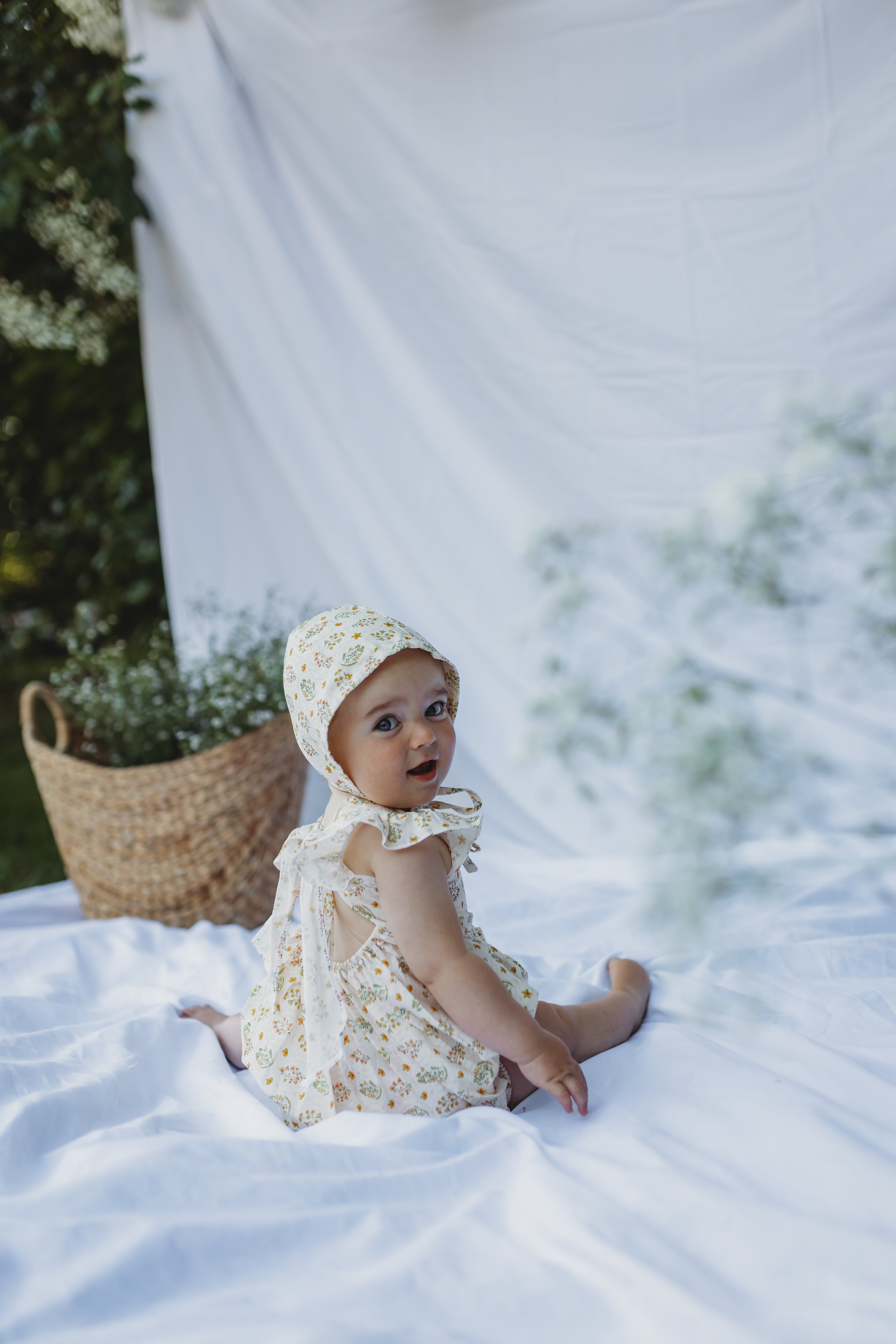 Josie Tie Back Romper & Bonnet -Sunny Blossom