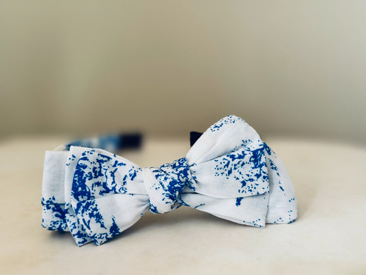 Three Little Bows Headband | Blue Toile