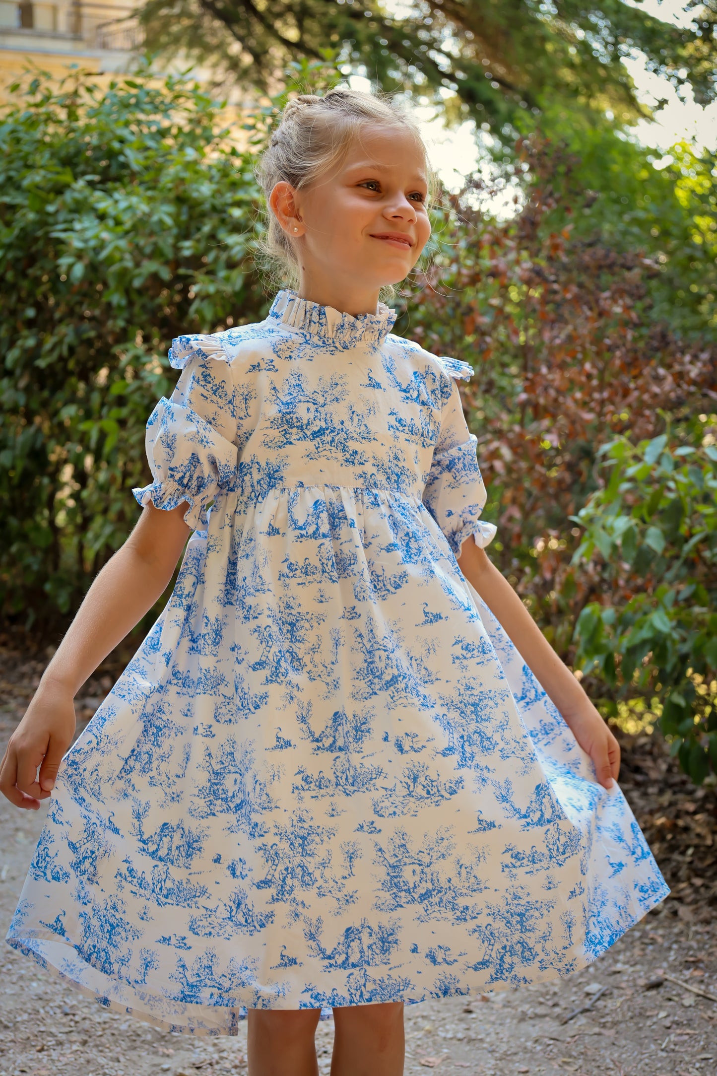 Aoki Dress-Blue Toile | Three-Quarter Sleeve