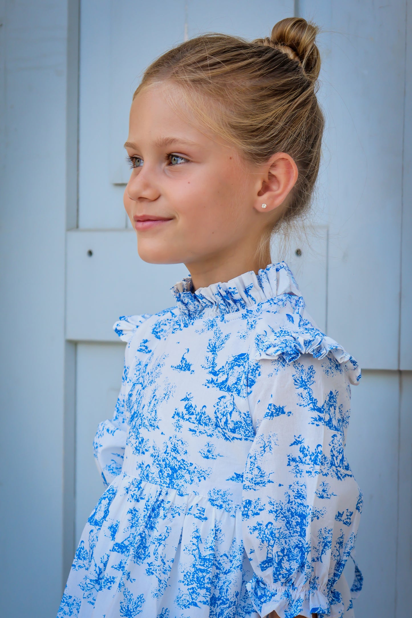 Aoki Dress-Blue Toile | Three-Quarter Sleeve