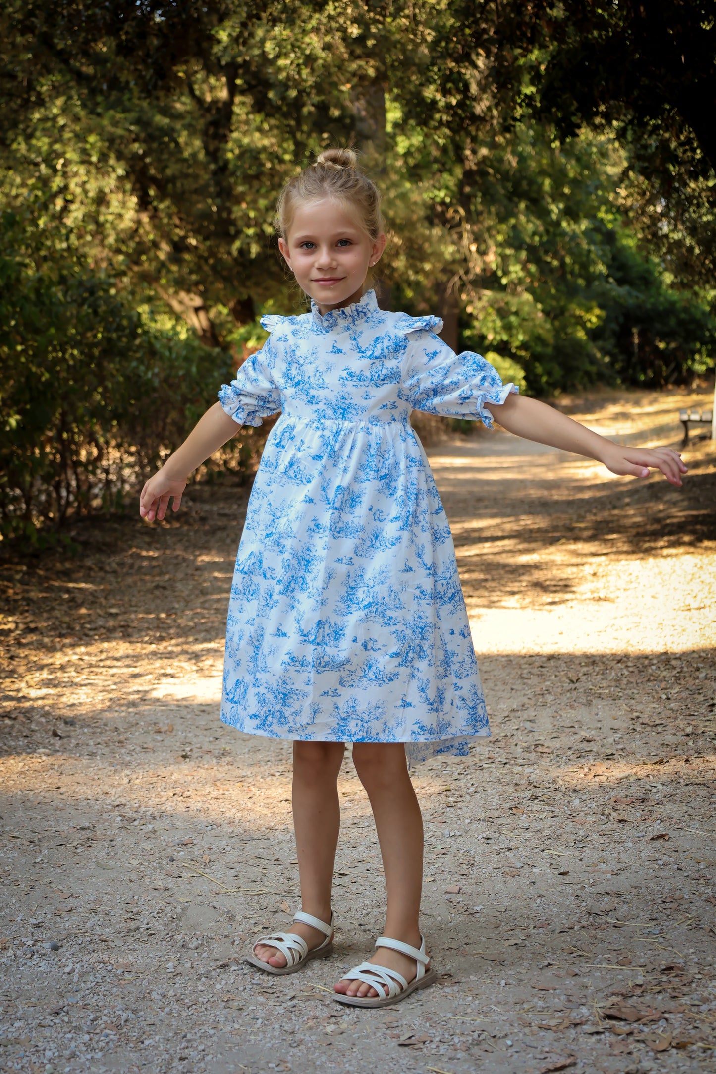 Aoki Dress-Blue Toile | Three-Quarter Sleeve