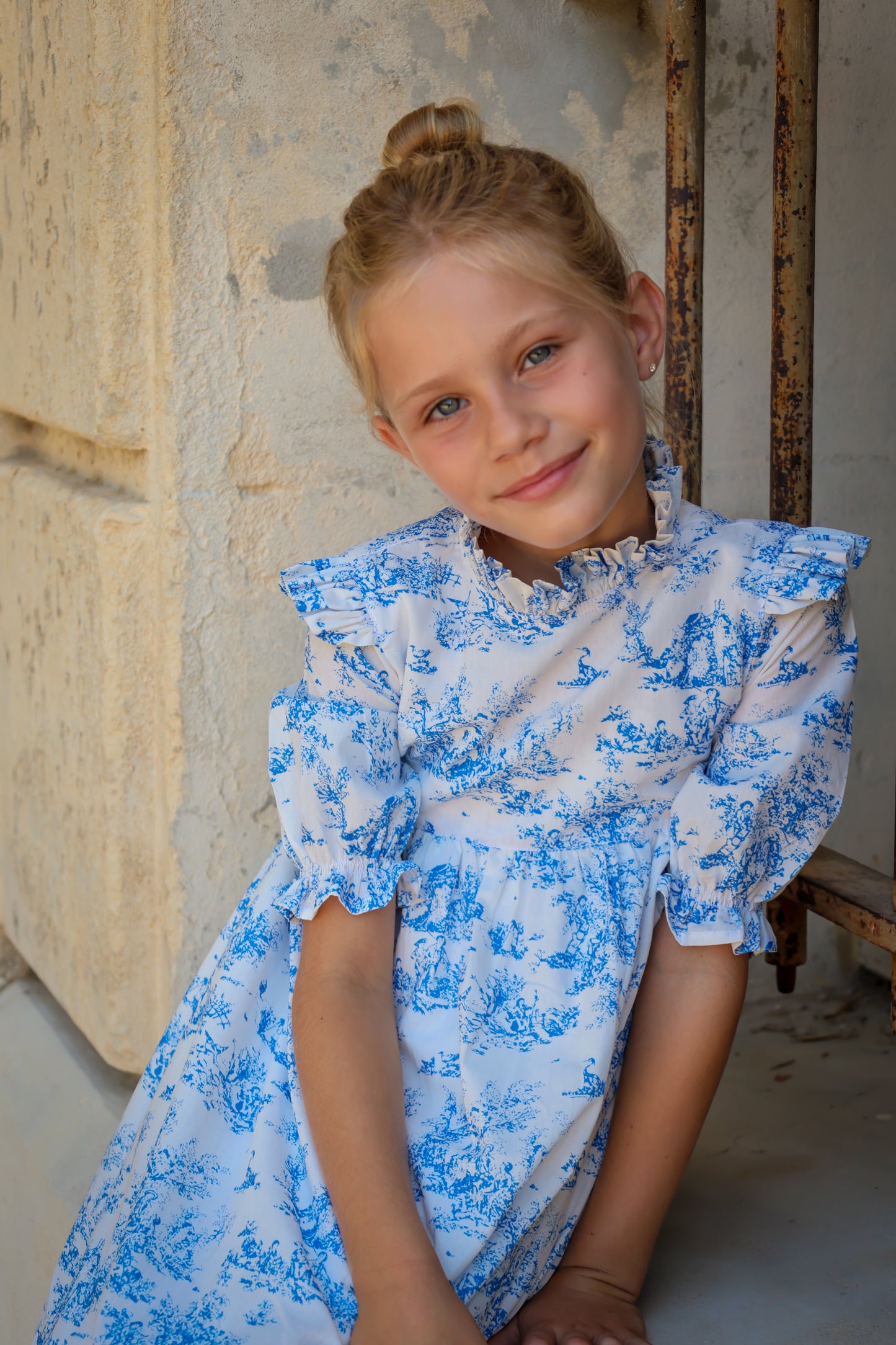 Aoki Dress-Blue Toile | Three-Quarter Sleeve