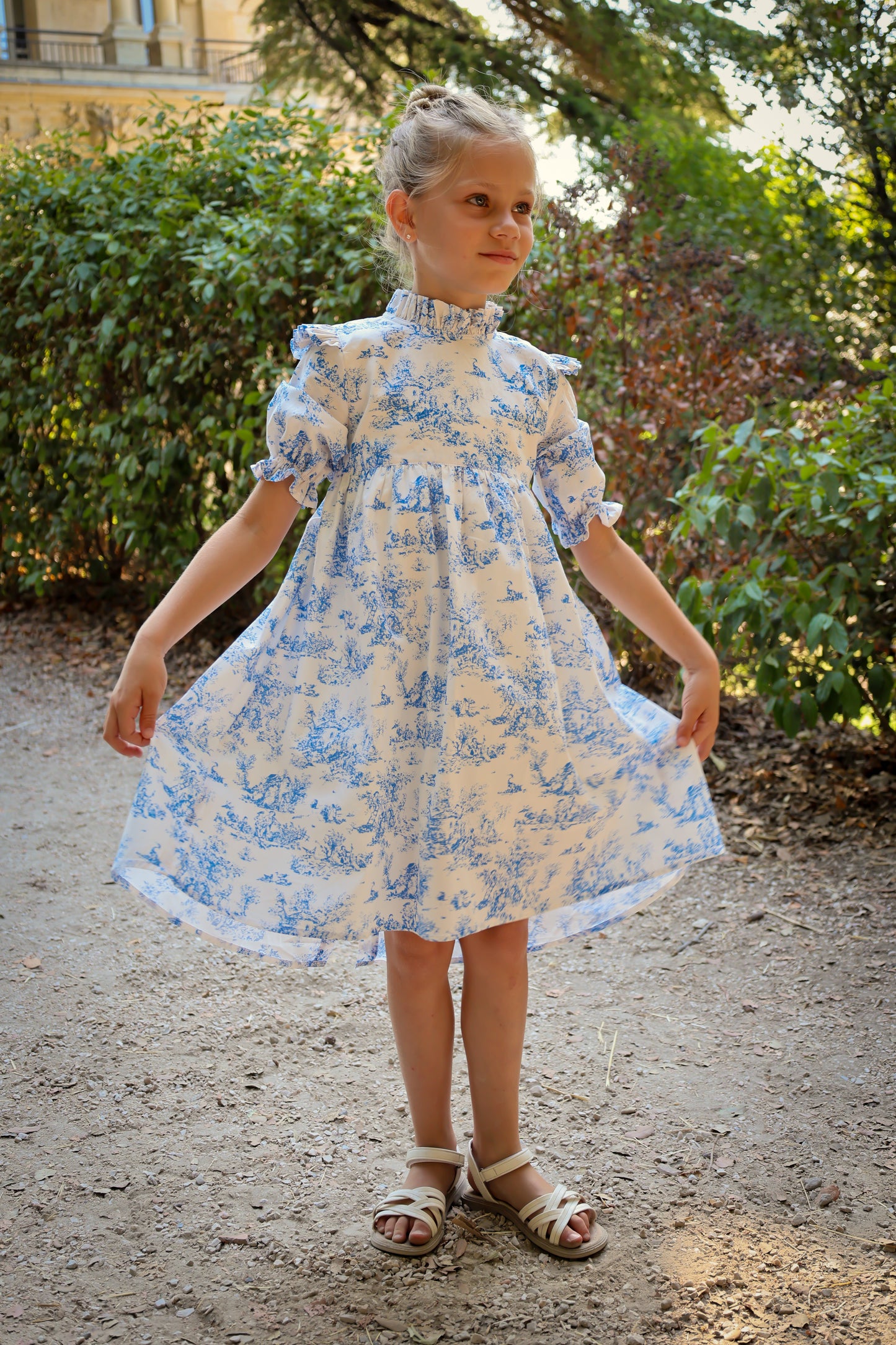 Aoki Dress-Blue Toile | Three-Quarter Sleeve
