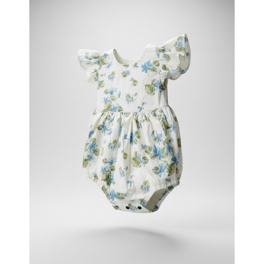 Josie Romper Floral baby romper on a light gray background