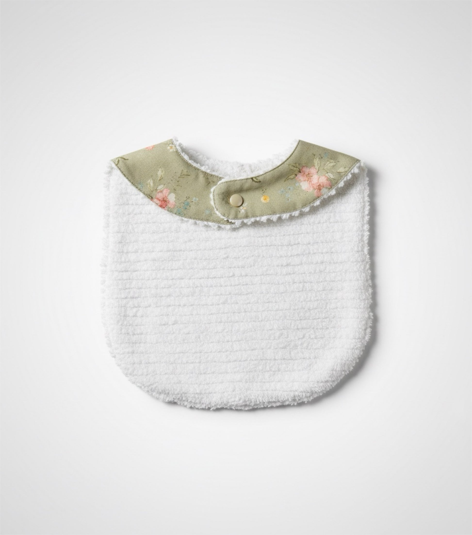 Linen Baby bib in Hedgerow Floral with soft cotton chenille backing