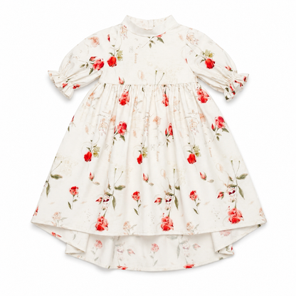 Floral dress with red flowers on a white background