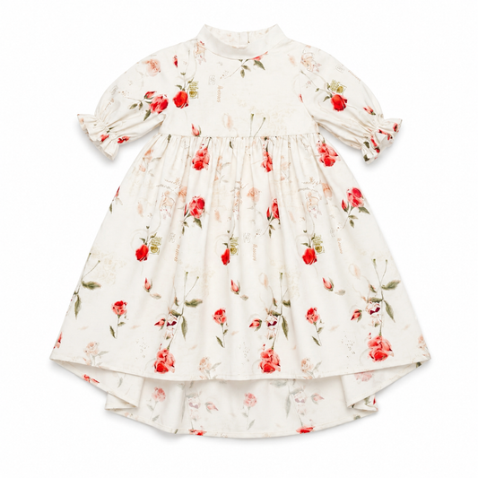 Floral dress with red flowers on a white background