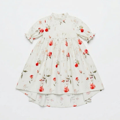 Floral dress with red flowers on a white background