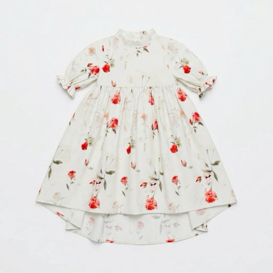 Floral dress with red flowers on a white background