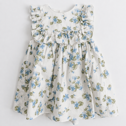 Floral dress with blue and green flowers on a white background