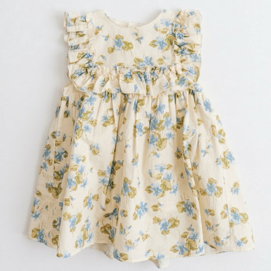 Floral dress with ruffled neckline on a white background