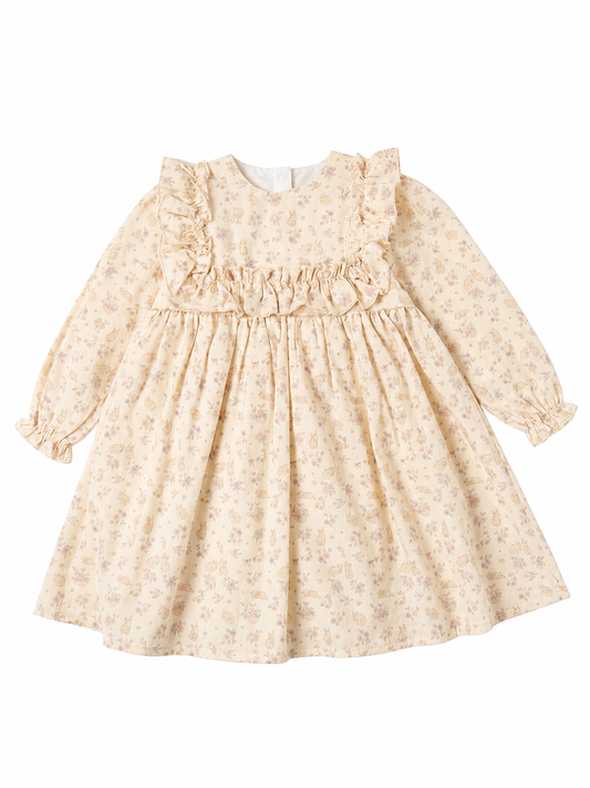 Beige floral dress with long sleeves on a white background