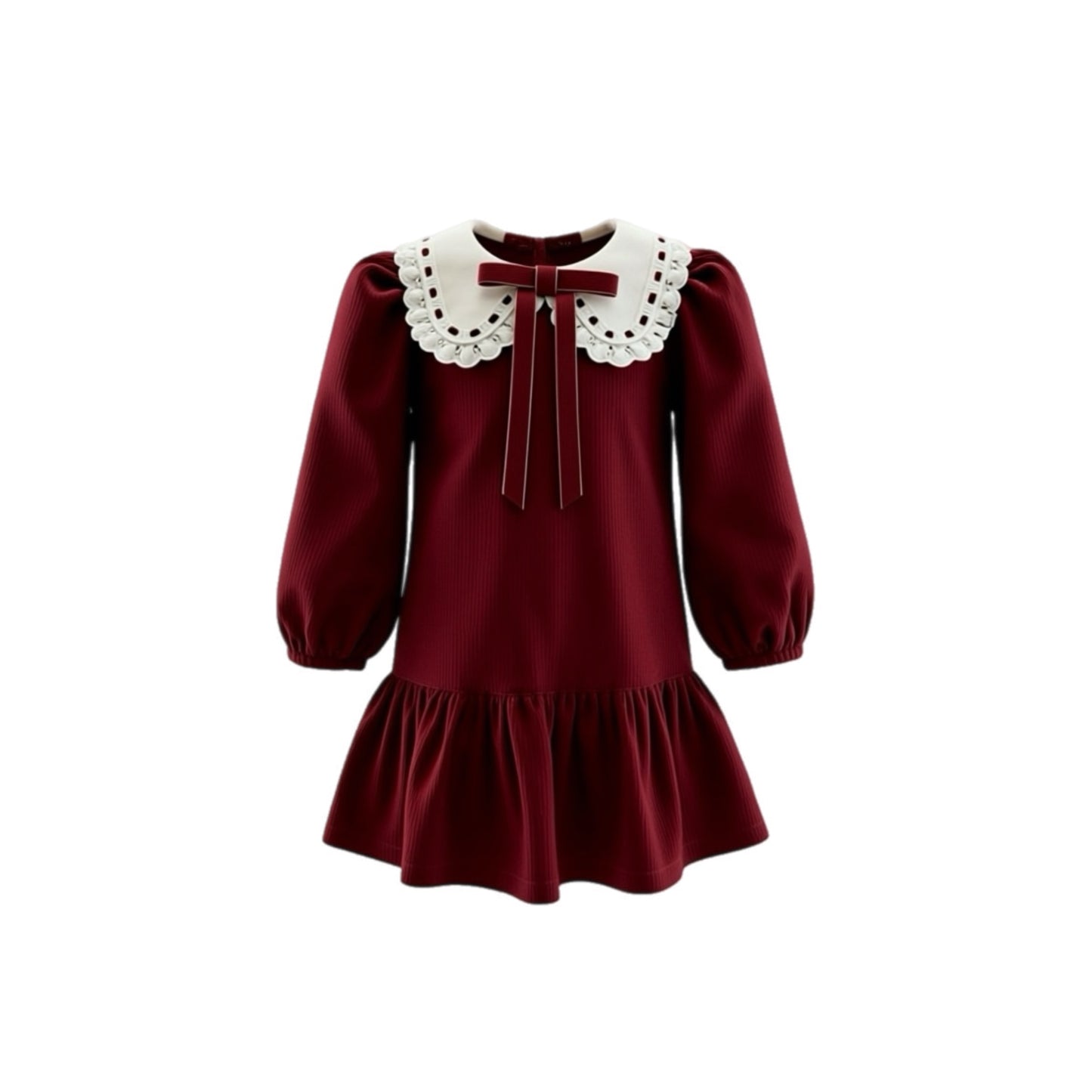 Maroon dress with white collar on a white background