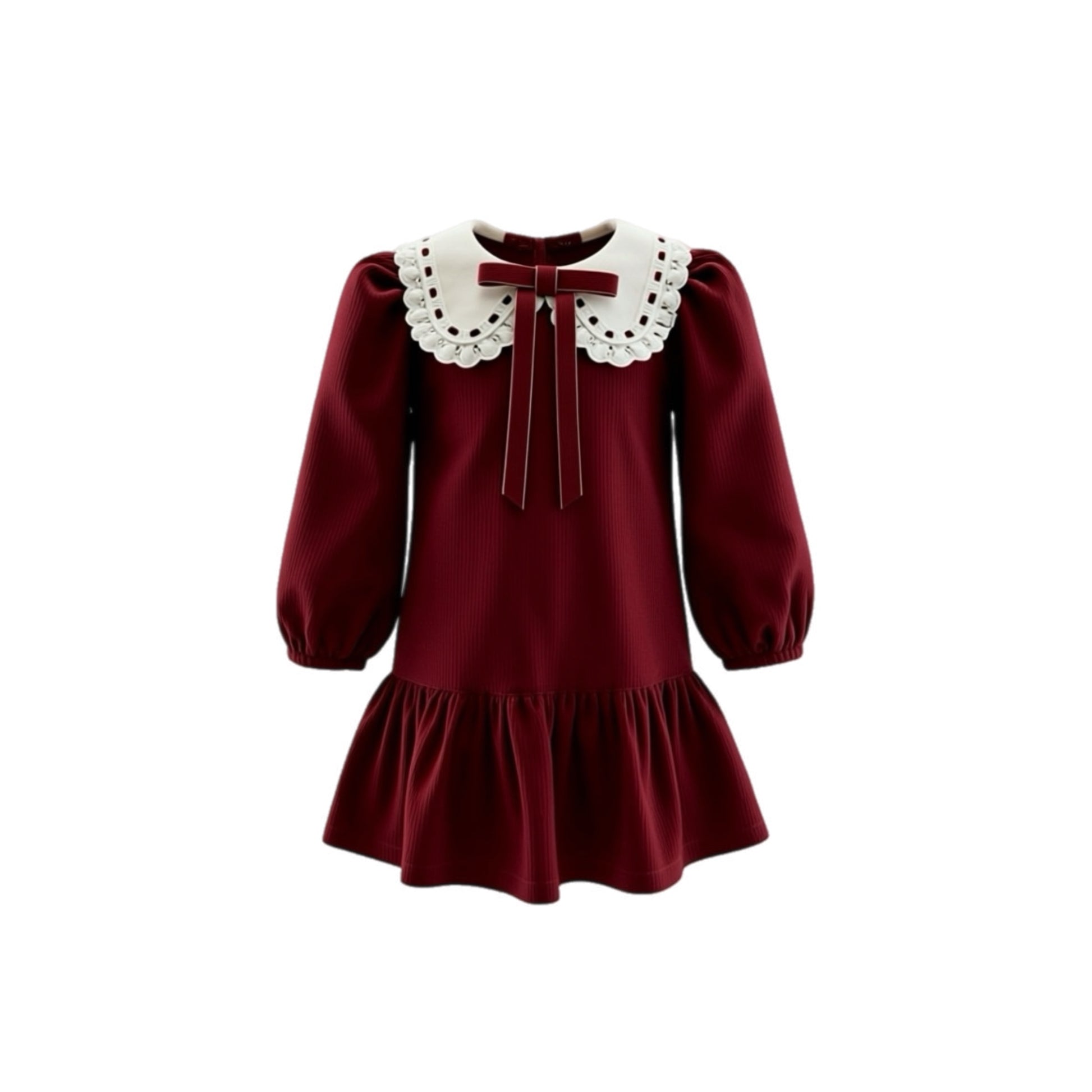 Maroon dress with white collar on a white background