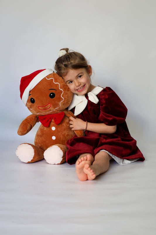 Child in a red dress holding a gingerbread man plush toy against a white background