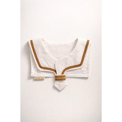 White sailor collar with brown trim on a white background